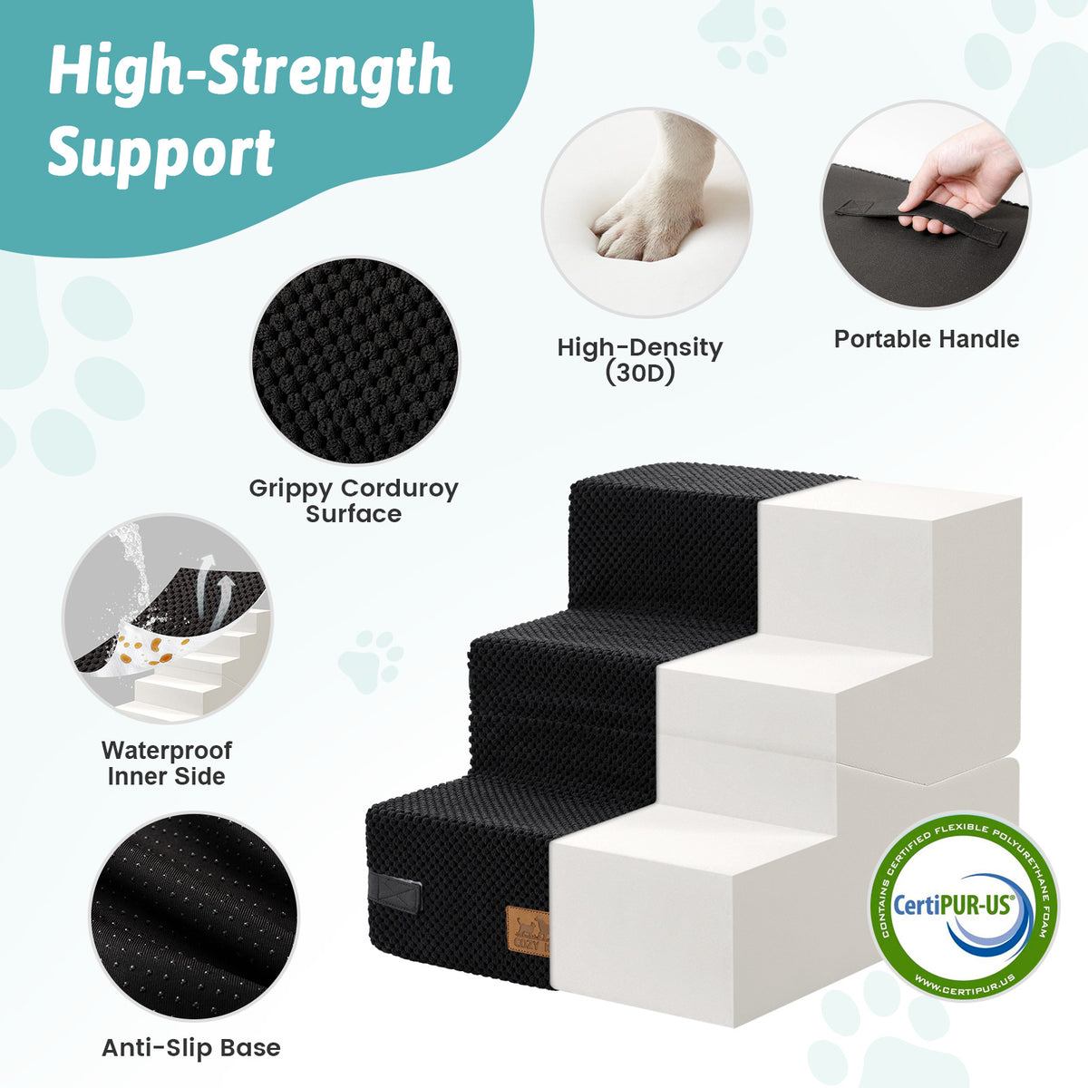 Cozy Kiss 3-Step Convertible 2-in-1 Pet Stairs with Ramp Mode featuring high-density foam support #color_Black