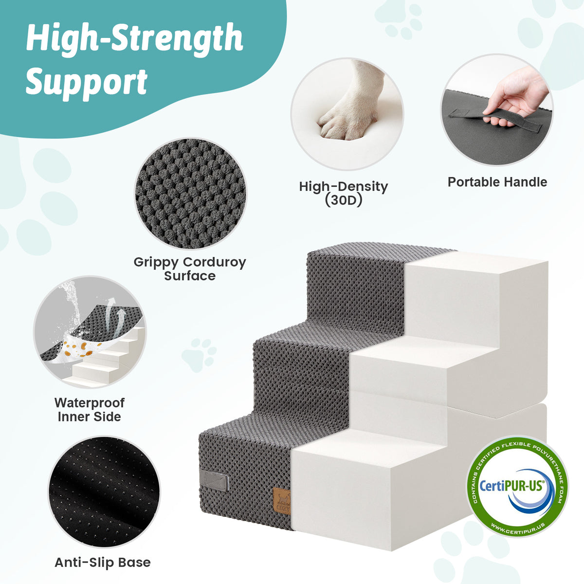 Cozy Kiss 3-Step Convertible 2-in-1 Pet Stairs with Ramp Mode featuring high-density foam support #color_Grey