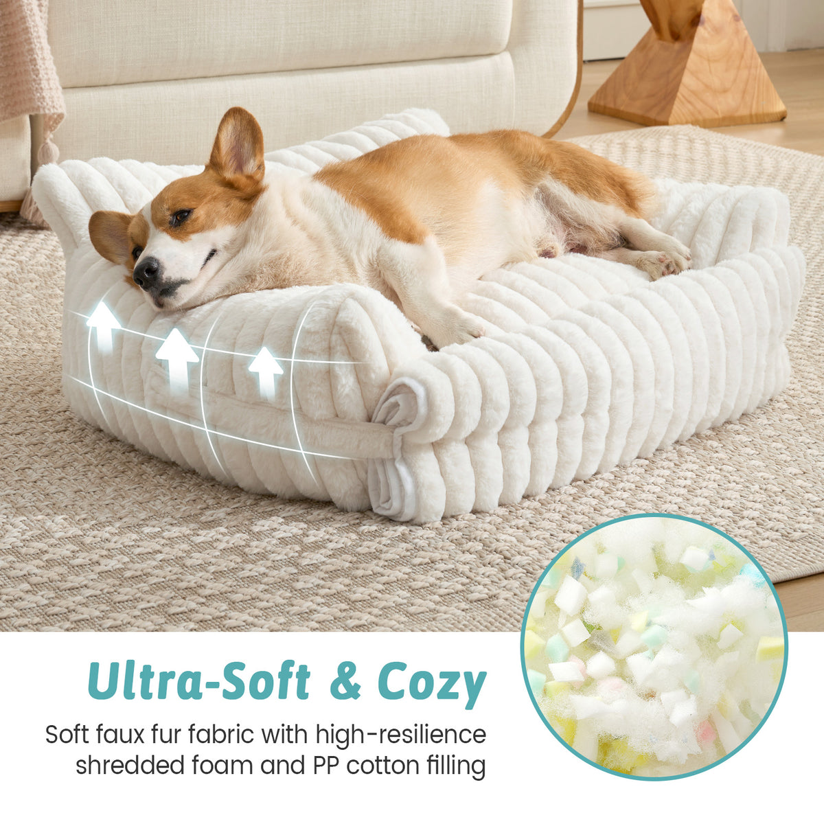 Cozy Kiss Multi-Functional Striped Faux Pet Sofa Bed ultra-soft faux fur comfort with shredded foam filling for dogs 