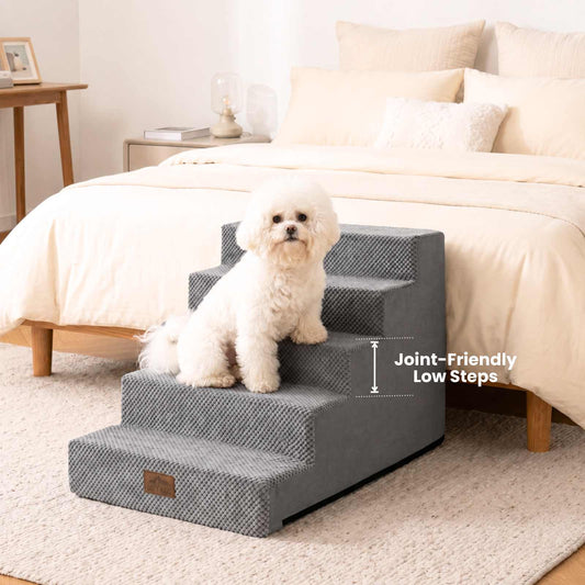 Side view of Cozy Kiss 5-Step Pet Stairs featuring joint-friendly low-rise steps #color_Grey