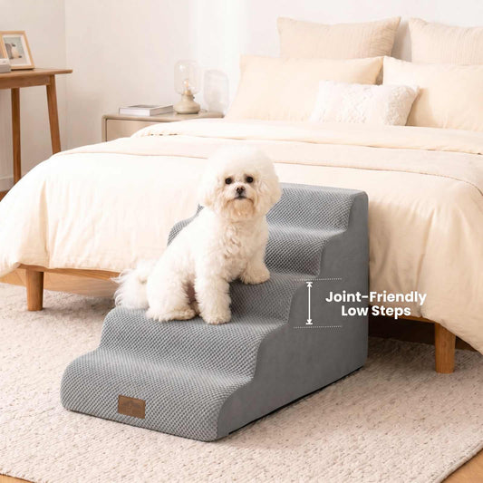 Side lifestyle view of Cozy Kiss 5-Step Gentle Slope Curved Pet Stairs featuring low-rise steps designed to reduce joint strain for small dogs #color_Gray