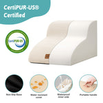 Side profile of Cozy Kiss CertiPUR-US certified foam pet stairs with non-slip base, waterproof lining, and portable handle 