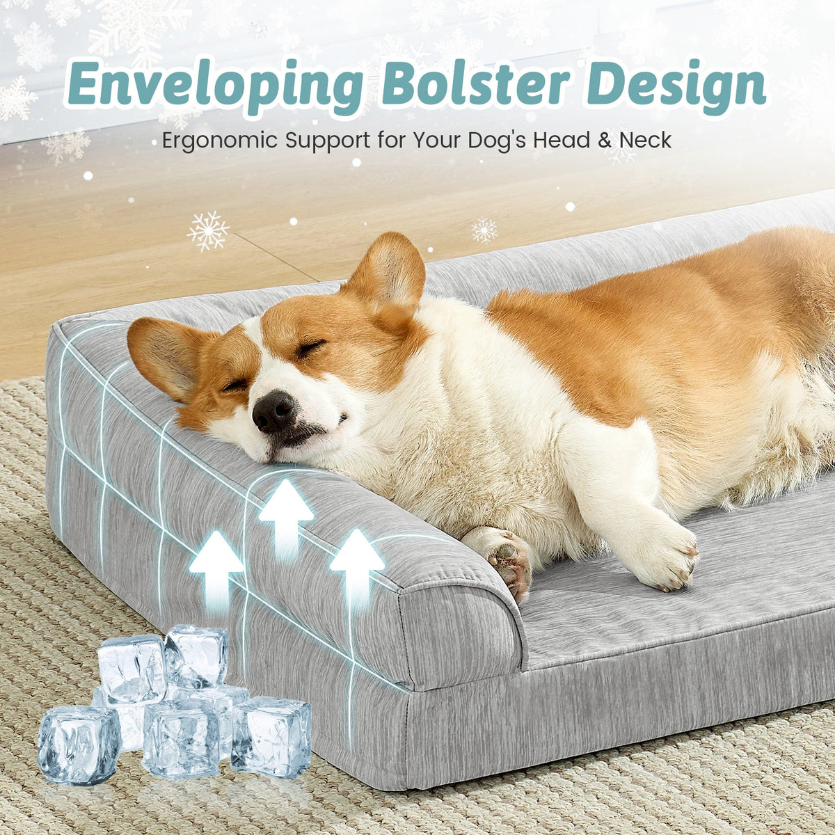 Dog lying on a gray pet bed with text about enveloping bolster design and ergonomic support.