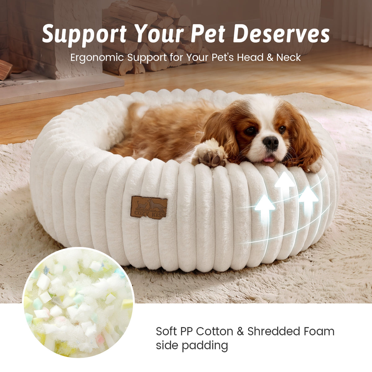Cozy Kiss small dog resting inside Cozy Kiss 2-in-1 Striped Faux Fur Pet Bed in cream in cozy bedroom