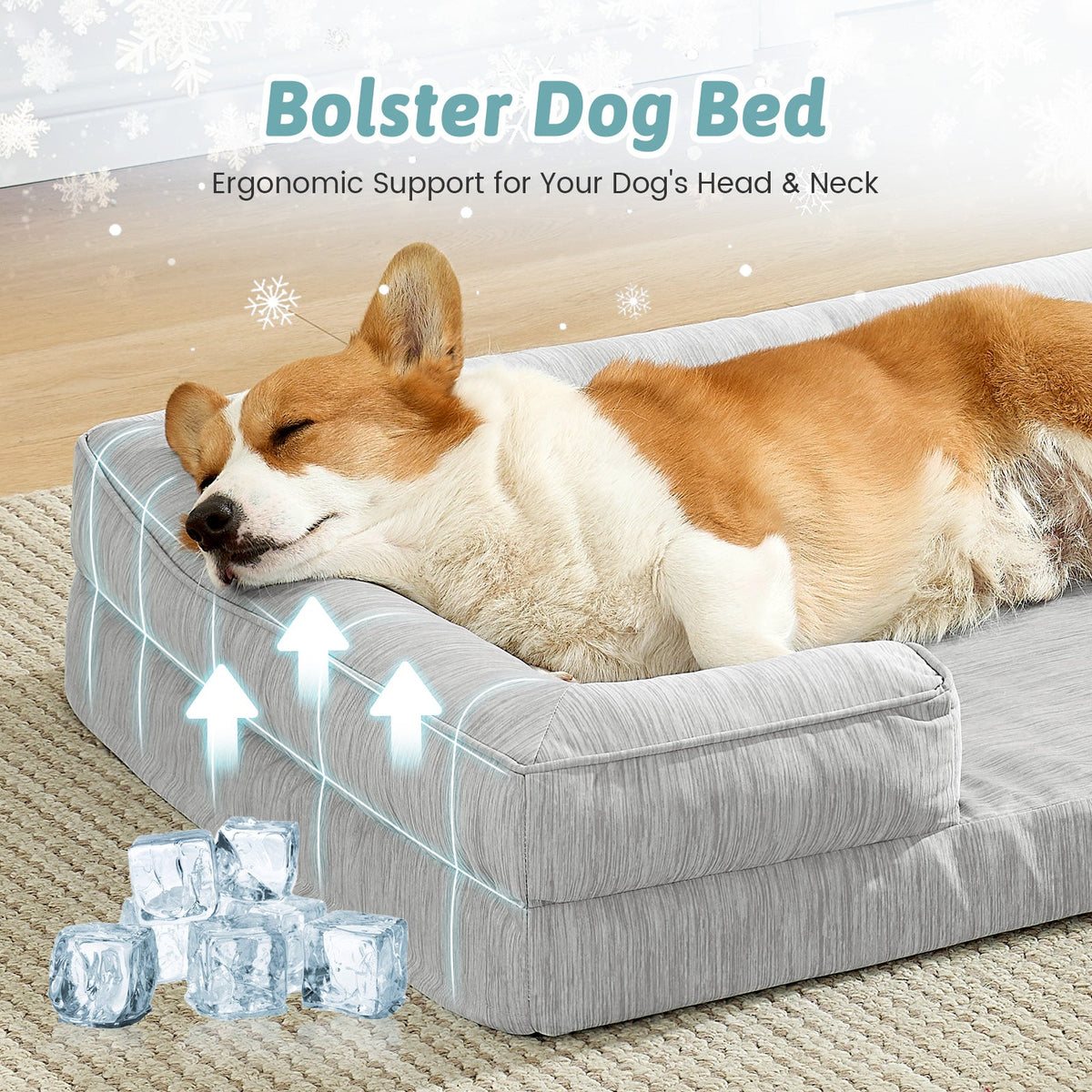 Dog lying on a dog bed with ergonomic support, surrounded by ice cubes to indicate cooling effect.