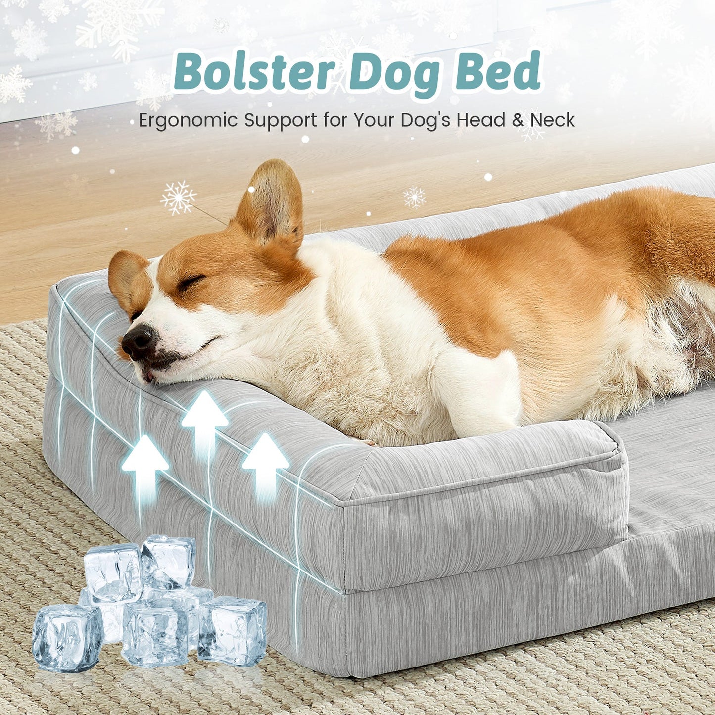Dog lying on a dog bed with ergonomic support, surrounded by ice cubes to indicate cooling effect.#color_Grey
