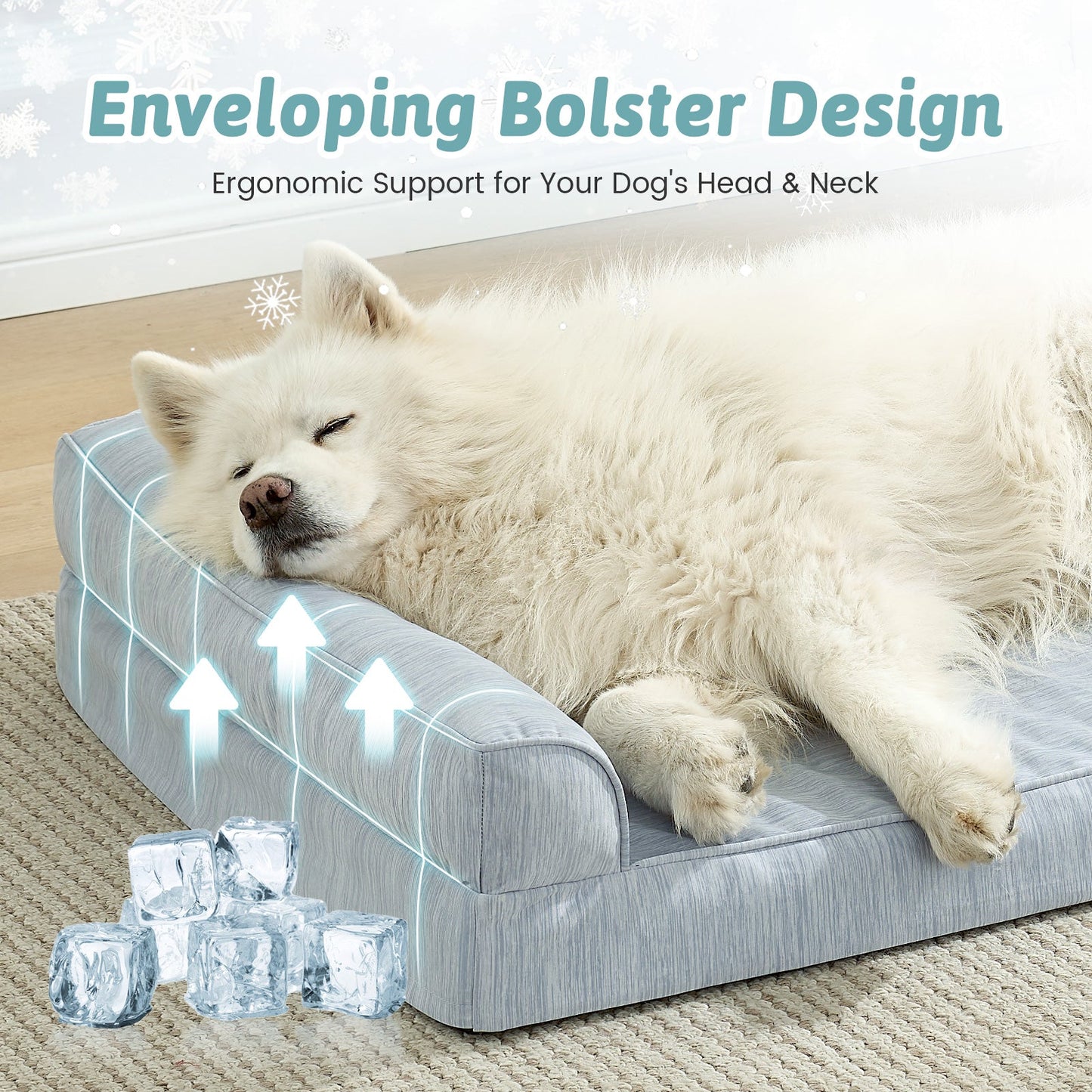 Dog lying on a gray pet bed with text about ergonomic support.#color_Sky Blue