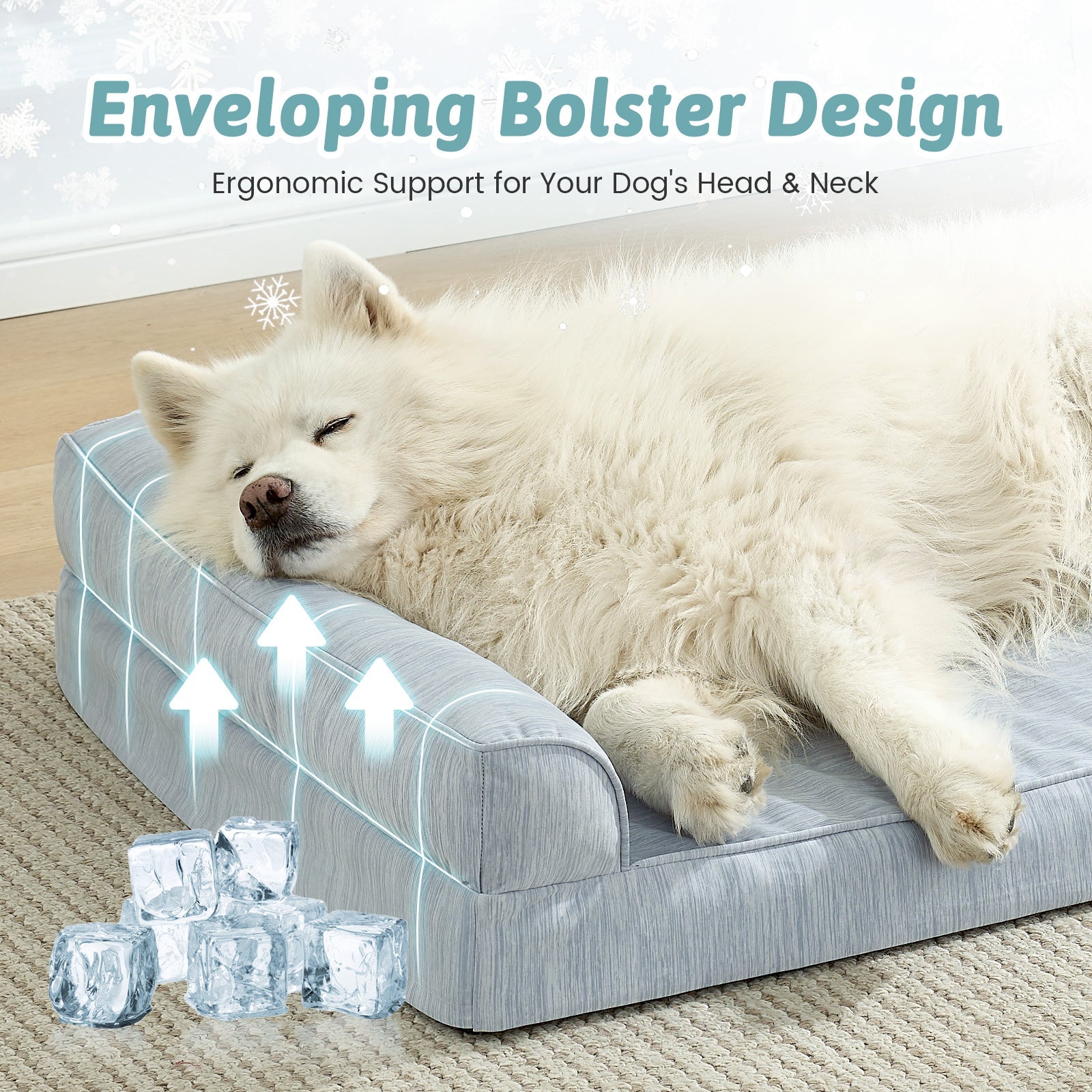 Dog lying on a gray pet bed with text about ergonomic support.#color_Sky Blue