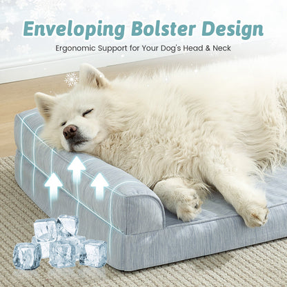 Dog lying on a gray pet bed with text about ergonomic support.#color_Sky Blue
