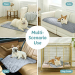Dog using a pet mat on various surfaces including floor, sofa, car, and dog crate.