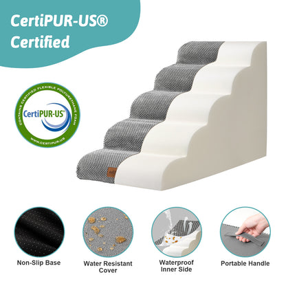Side profile of Cozy Kiss CertiPUR-US certified foam pet stairs with non-slip base, waterproof lining, and portable handle #color_Grey