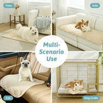 Collage of a dog using a pet mat in various scenarios including floor, sofa, car, and dog crate.