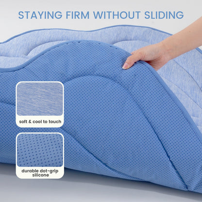 Blue  shell shape cooling mat for pets with hand demonstrating firmness, text 'Staying Firm Without Sliding', and close-ups of texture and grip.#color_Blue