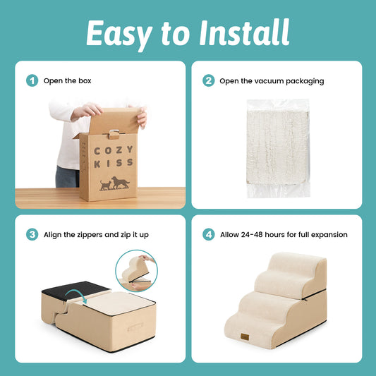 Cozy Kiss foldable pet stairs setup guide with zipper assembly and foam expansion #color_Beige