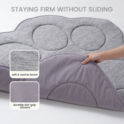 Gray paw-shaped cooling pet mat with text highlighting features on a white background#color_Dark Grey