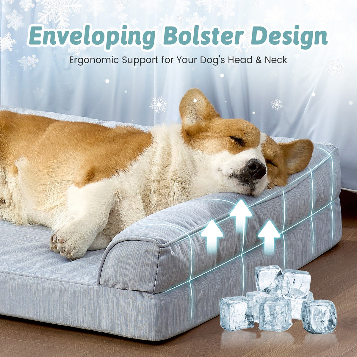 Dog lying on Cozy Kiss sky blue pet bed design pillow with ice cubes and text about ergonomic support.