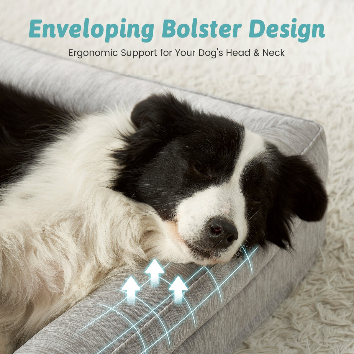 Dog resting on a grey Cozy Kiss Dog Bed with text about ergonomic support