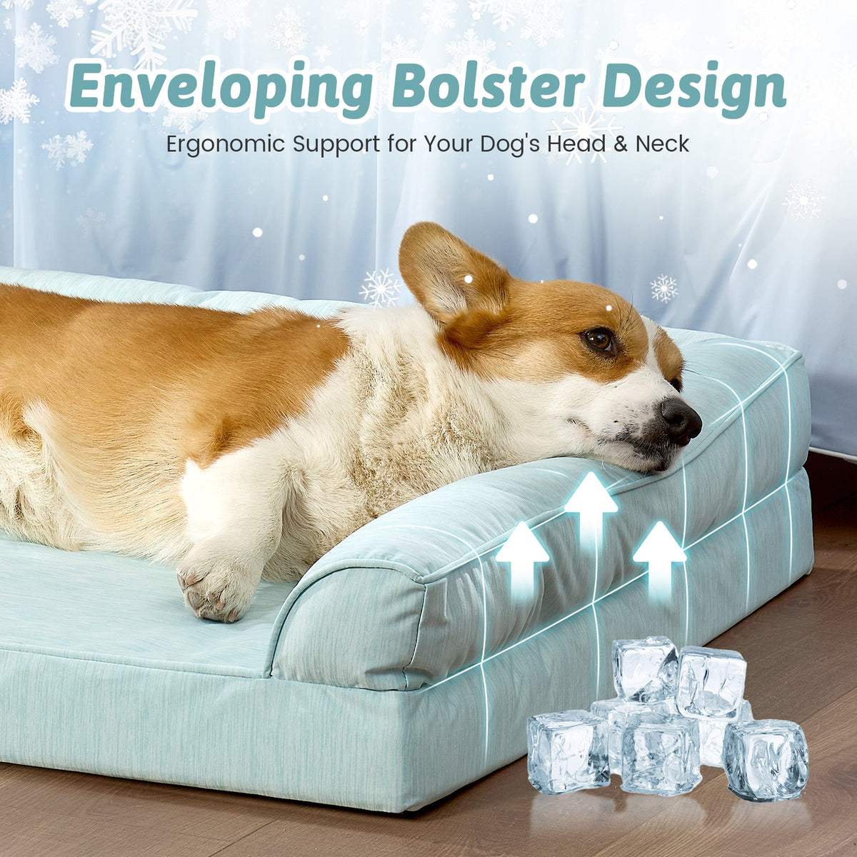 Dog lying on Cozy Kiss sage green pet bed with text about ergonomic support for dogs' heads and necks.