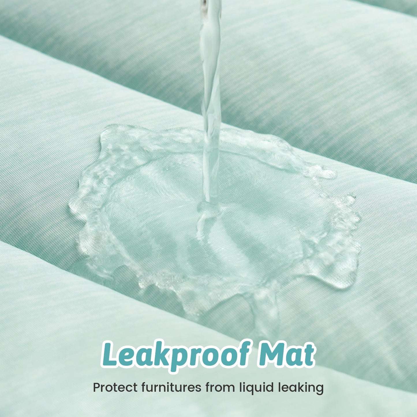 Leakproof mat demonstrating its effectiveness in preventing liquid from seeping through, with text 'Leakproof Mat' and 'Protect furnitures from liquid leaking'. #color_Green