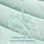 Cozy Kiss leakproof mat demonstrating its effectiveness in preventing liquid from seeping through, with text 'Leakproof Mat' and 'Protect furnitures from liquid leaking'. 