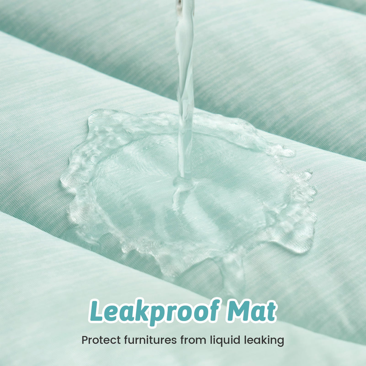 Cozy Kiss leakproof mat demonstrating its effectiveness in preventing liquid from seeping through, with text 'Leakproof Mat' and 'Protect furnitures from liquid leaking'. 
