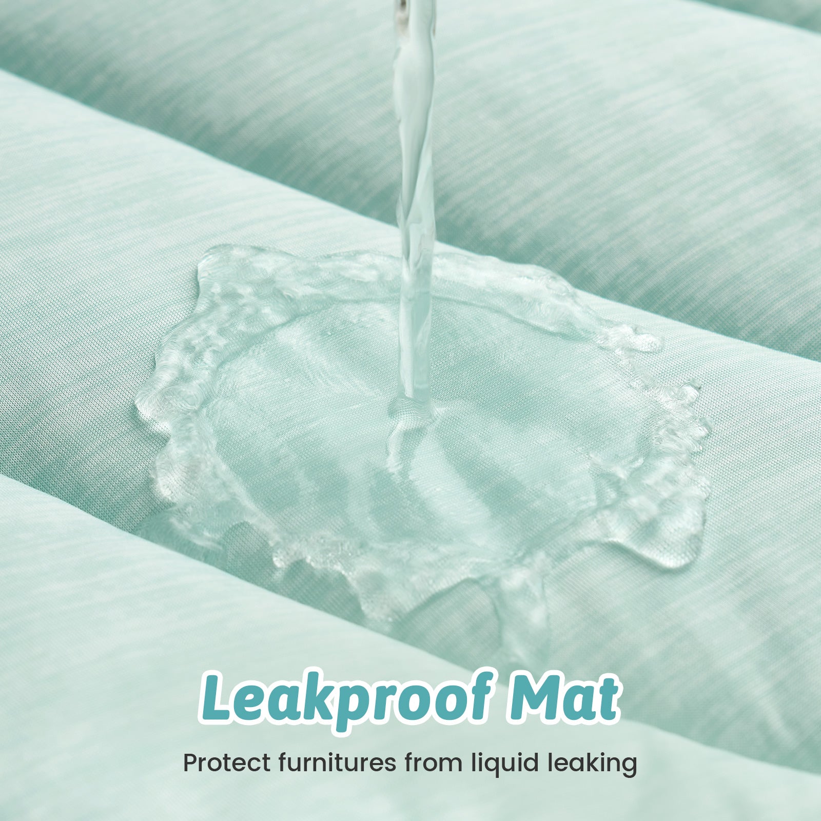 Leakproof mat demonstrating its effectiveness in preventing liquid from seeping through, with text 'Leakproof Mat' and 'Protect furnitures from liquid leaking'. #color_Green