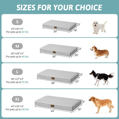 Dog bed size chart with measurements and corresponding pet weight capacities.