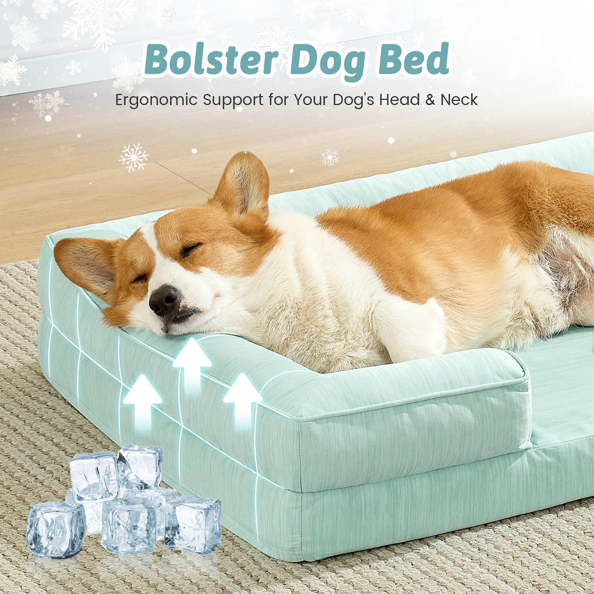 Dog resting on a green dog bed with ice cubes shown in front.
