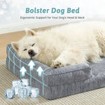 Dog lying on a gray bolster dog bed with text about ergonomic support.