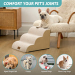 Pet joint support infographic showing Cozy Kiss Gentle Slope Curved Pet Stairs suitable for senior pets, puppies, injured dogs, and short-legged breeds 