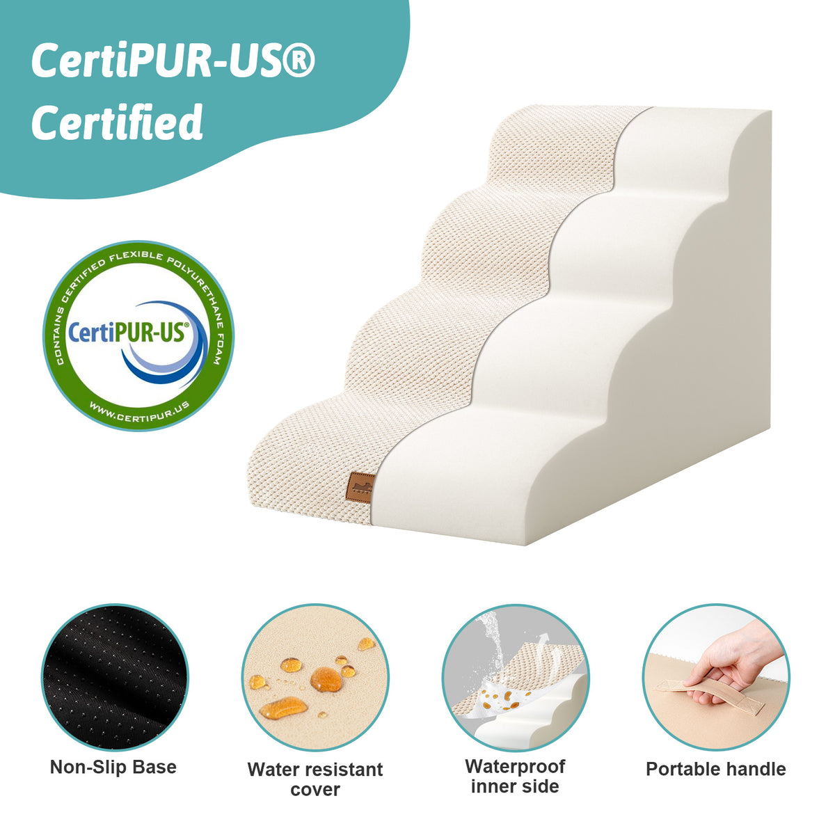 Side profile of Cozy Kiss CertiPUR-US certified foam pet stairs with non-slip base, waterproof lining, and portable handle 