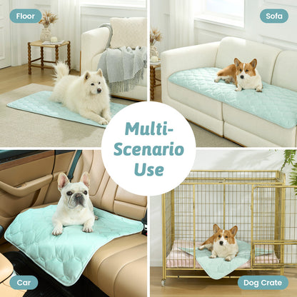 Dog using a pet mat on various surfaces including floor, sofa, car, and dog crate.#Color_Sage Green