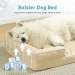 Dog lying on a beige og bed with ergonomic support for head and neck, surrounded by ice cubes.