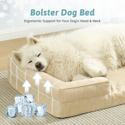 Dog lying on a beige og bed with ergonomic support for head and neck, surrounded by ice cubes.#color_Beige