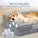Dog lying on a gray dog bed with ergonomic support for head and neck, surrounded by ice cubes.