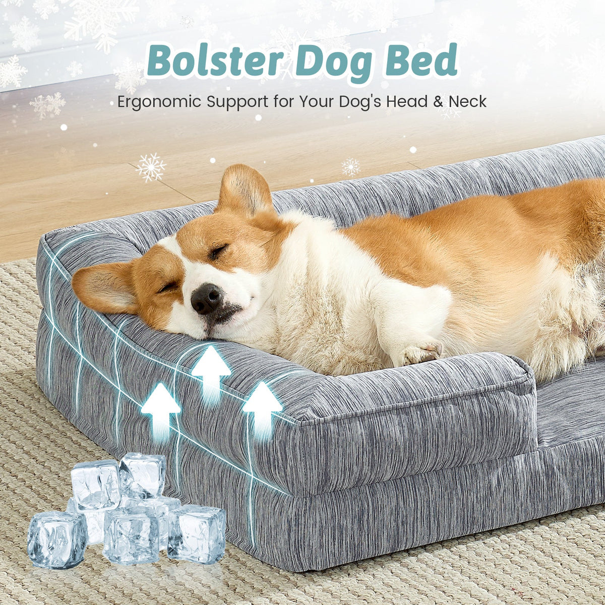 Dog lying on a gray dog bed with ergonomic support for head and neck, surrounded by ice cubes.