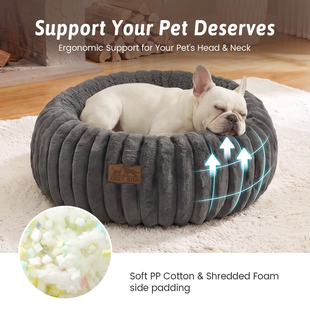 Cozy Kiss small dog resting inside Cozy Kiss 2-in-1 Striped Faux Fur Pet Bed in Dark Grey in cozy bedroom 