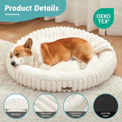 Striped Faux Calming Donut Pet Bed With Blanket
