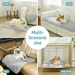 Dog using a pet mat on various surfaces including floor, sofa, car, and dog crate.