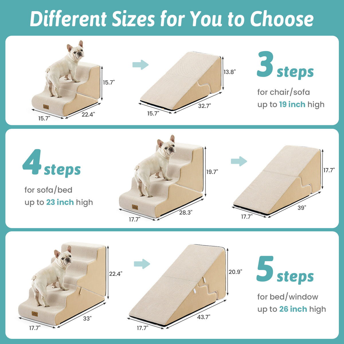 Cozy Kiss 3-Step 2-in-1 Pet Stairs with Ramp Mode size comparison and height guide 