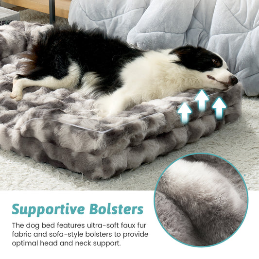 Cozy Kiss Fluffy Soft Bubble Faux Fur C-Shaped Dog Bed calming orthopedic pet bed with supportive bolsters #color_Tie-dye Grey