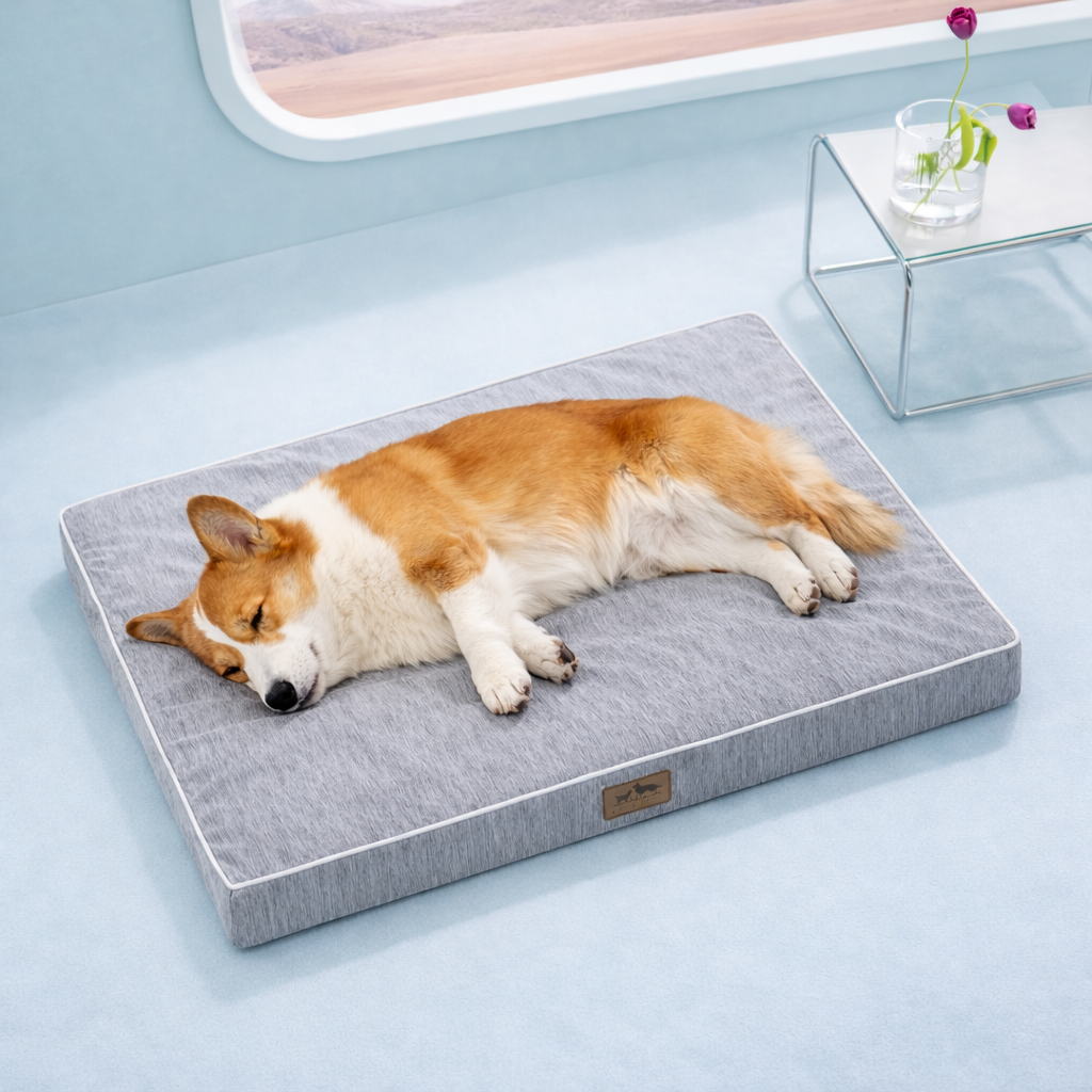 Dog sleeping on a gray cooling pet bed in a light blue room with a window in the background.#color_Dark Grey