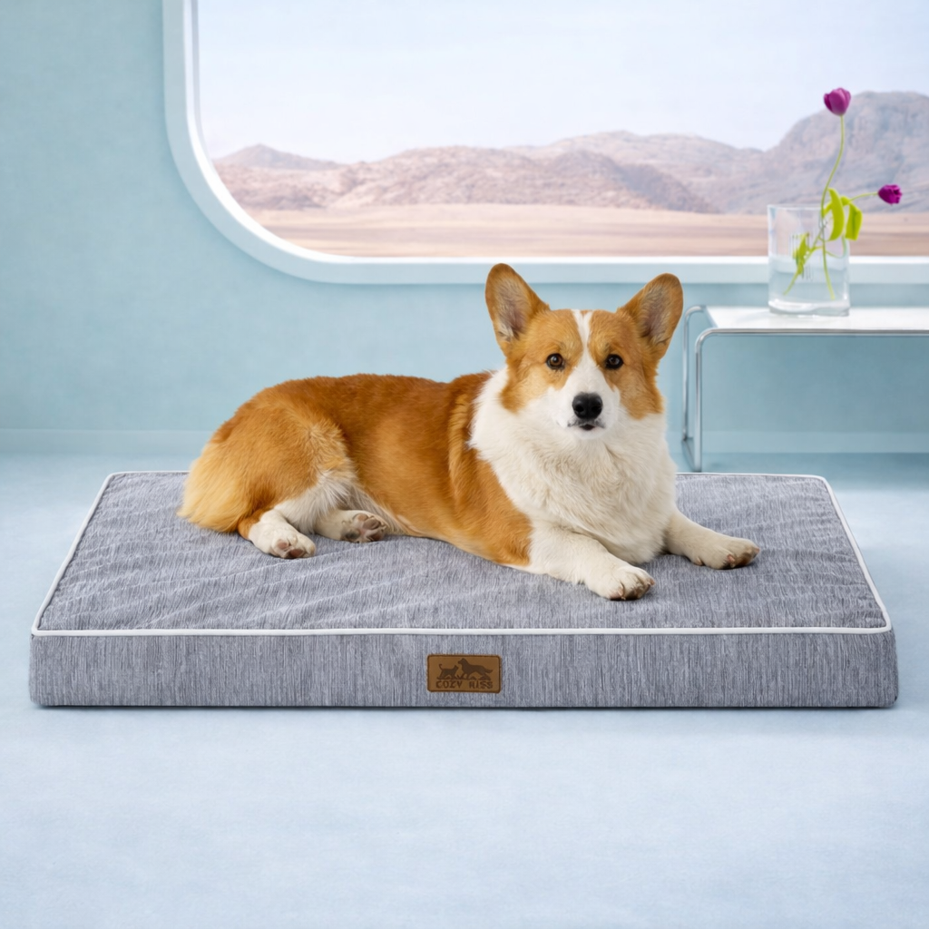 Front view of dog lying on a gray pet bed#color_Dark Grey