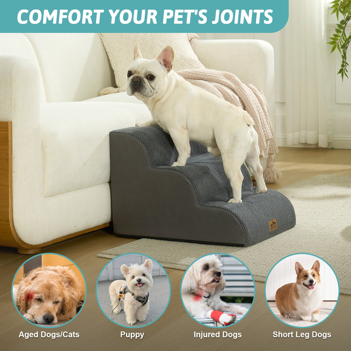 Cozy Kiss 3-Step Extra Wide Curved Pet Stairs for senior, injured, and short-legged pets