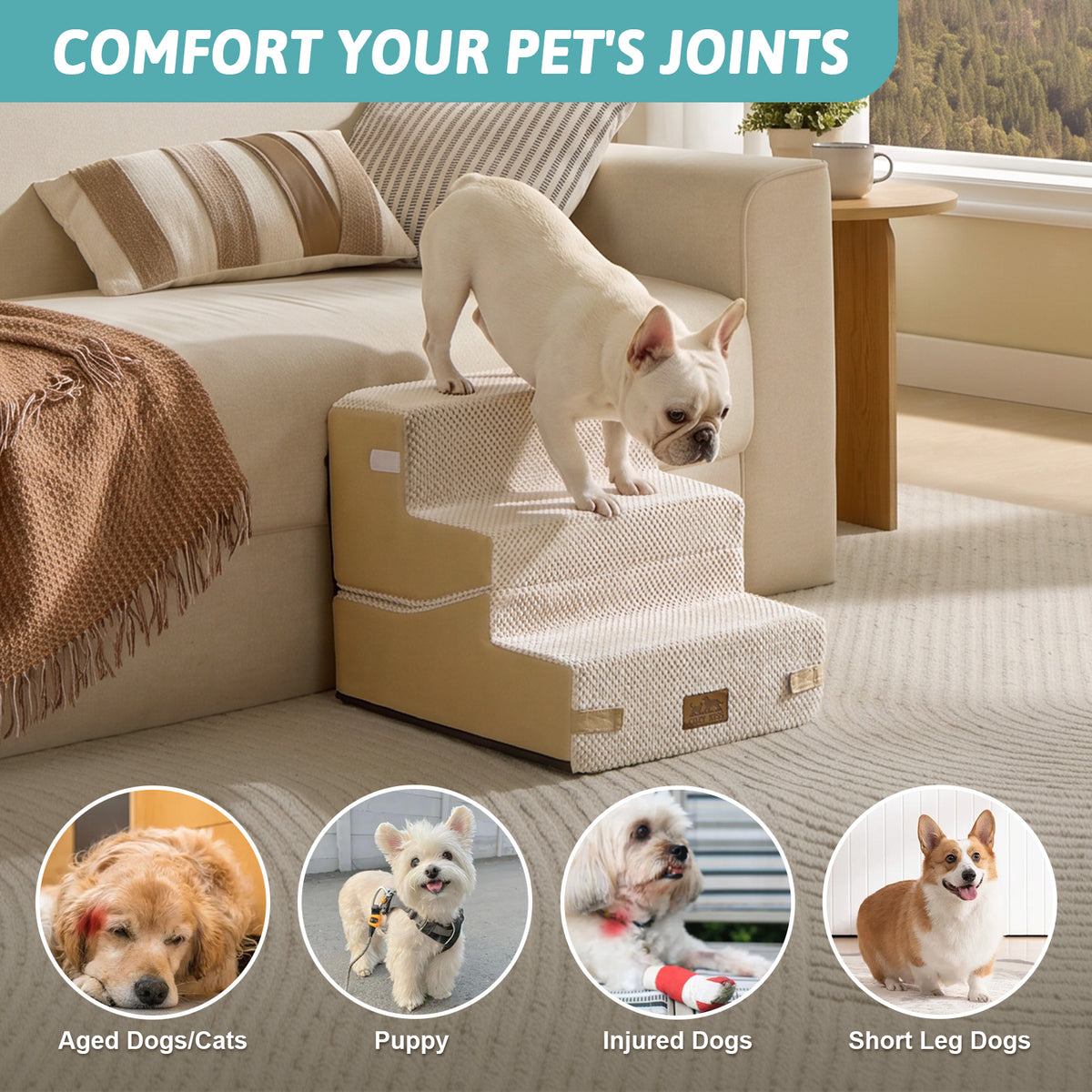 Cozy Kiss 3-Step Convertible 2-in-1 Pet Stairs with Ramp Mode for aged , injured, and short-legged pets #color_Beige