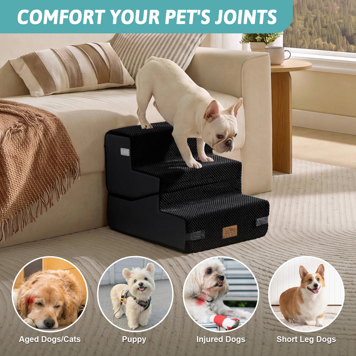 Cozy Kiss 3-Step Convertible 2-in-1 Pet Stairs with Ramp Mode for aged , injured, and short-legged pets #color_Black