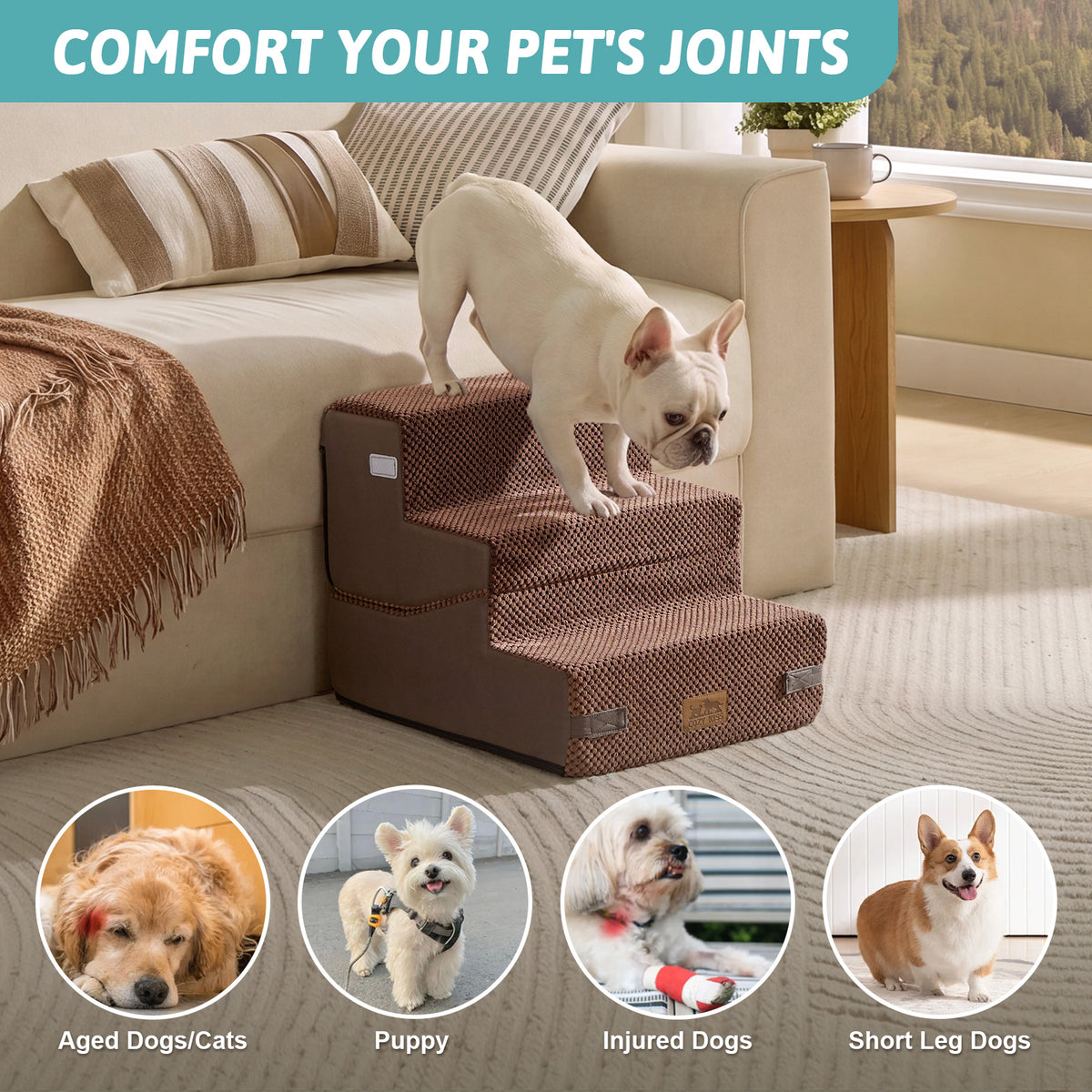 Cozy Kiss 3-Step Convertible 2-in-1 Pet Stairs with Ramp Mode for aged , injured, and short-legged pets 