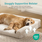 Dog resting on Cozy Kiss Striped Faux U-Shaped Washable Dog Bed, highlighting supportive U-shaped bolsters. 