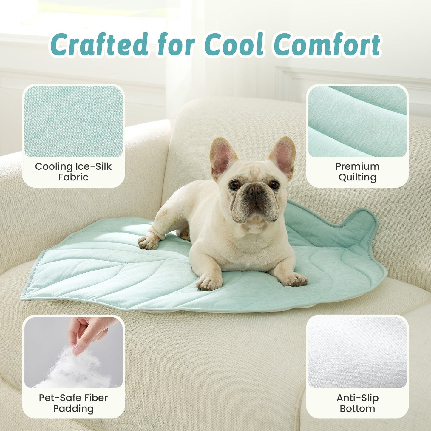 Dog lying on a cooling pad with features highlighted on a white background #color_Green