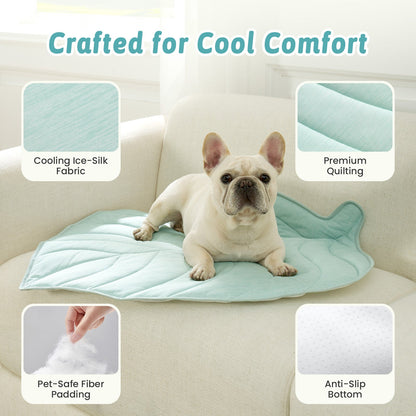 Dog lying on a cooling pad with features highlighted on a white background #color_Green